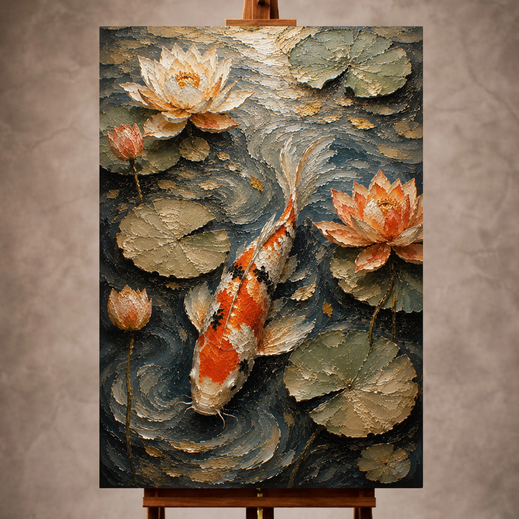 Premium Wall Art Dikey Html Edition – UNWATR054 Image 1 Tranquil Lotus Koi Fish Wall Art Canvas Print - Image 1