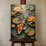 Tranquil Lotus Koi Fish Wall Art Canvas Print displayed on a studio easel