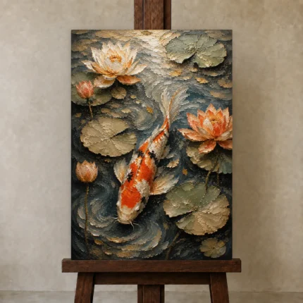 Tranquil Lotus Koi Fish Wall Art Canvas Print shown in Studio Easel