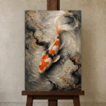 Meditative Noble Koi Fish Wall Art Canvas Print displayed on a studio easel