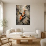 Meditative Noble Koi Fish Wall Art Canvas Print styled in a refined neutral interior