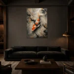 Meditative Noble Koi Fish Wall Art Canvas Print shown in a warm modern interior