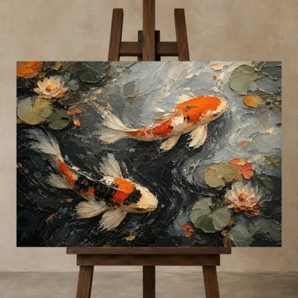 Tranquil Pair of Koi Fish Wall Art Canvas Print displayed on a studio easel