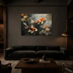 Tranquil Pair of Koi Fish Wall Art Canvas Print shown in a warm modern interior