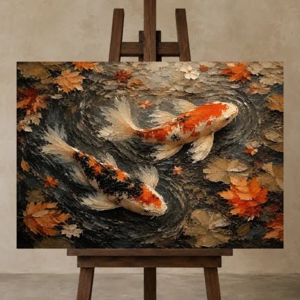 Autumn Pond Koi Fish Wall Art Canvas Print shown in Studio Easel