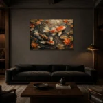Autumn Pond Koi Fish Wall Art Canvas Print shown in a warm modern interior