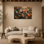 Autumn Pond Koi Fish Wall Art Canvas Print presented in a sophisticated home setting