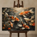 Panoramic Underwater Koi Fish Wall Art Canvas Print displayed on a studio easel