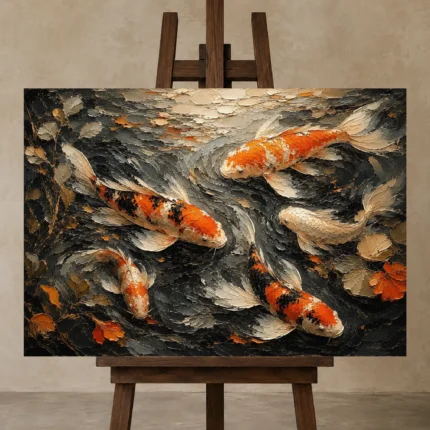 Panoramic Underwater Koi Fish Wall Art Canvas Print displayed on a studio easel