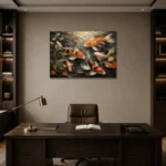 Panoramic Underwater Koi Fish Wall Art Canvas Print displayed in a contemporary gallery-inspired room