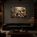 Panoramic Underwater Koi Fish Wall Art Canvas Print shown in a warm modern interior