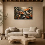 Panoramic Underwater Koi Fish Wall Art Canvas Print presented in a sophisticated home setting