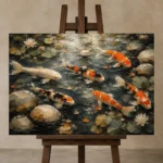 Peaceful Japanese Koi Pond Wall Art Canvas Print displayed on a studio easel