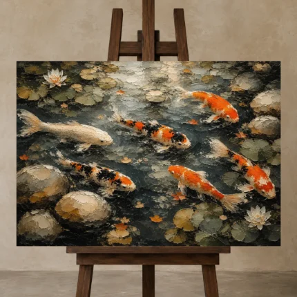 Peaceful Japanese Koi Pond Wall Art Canvas Print displayed on a studio easel