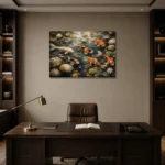 Peaceful Japanese Koi Pond Wall Art Canvas Print displayed in a contemporary gallery-inspired room