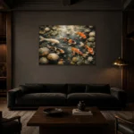 Peaceful Japanese Koi Pond Wall Art Canvas Print shown in a warm modern interior