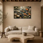 Peaceful Japanese Koi Pond Wall Art Canvas Print presented in a sophisticated home setting