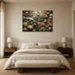 Peaceful Japanese Koi Pond Wall Art Canvas Print showcased in an elegant minimalist interior