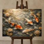 Luminous Flowing Koi Fish Wall Art Canvas Print displayed on a studio easel