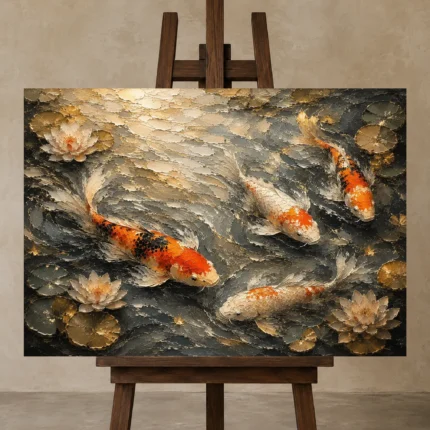 Luminous Flowing Koi Fish Wall Art Canvas Print displayed on a studio easel