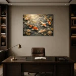 Luminous Flowing Koi Fish Wall Art Canvas Print displayed in a contemporary gallery-inspired room