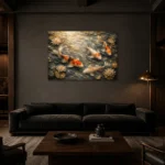 Luminous Flowing Koi Fish Wall Art Canvas Print shown in a warm modern interior