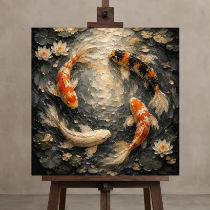 Circular Harmony Koi Fish Wall Art Canvas Print shown in Studio Easel