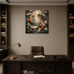 Circular Harmony Koi Fish Wall Art Canvas Print displayed in a contemporary gallery-inspired room