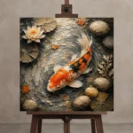 Tranquil Japanese Koi Fish Wall Art Canvas Print displayed on a studio easel