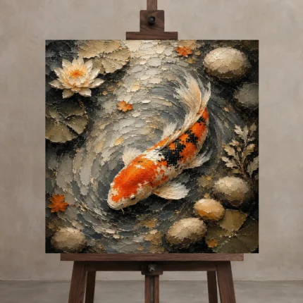 Tranquil Japanese Koi Fish Wall Art Canvas Print displayed on a studio easel
