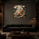Tranquil Japanese Koi Fish Wall Art Canvas Print shown in a warm modern interior