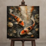 Meditative Twin Koi Fish Wall Art Canvas Print displayed on a studio easel
