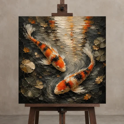 Meditative Twin Koi Fish Wall Art Canvas Print displayed on a studio easel