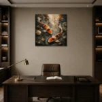 Meditative Twin Koi Fish Wall Art Canvas Print displayed in a contemporary gallery-inspired room