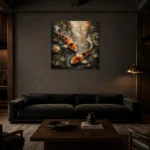 Meditative Twin Koi Fish Wall Art Canvas Print shown in a warm modern interior