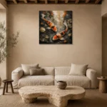 Meditative Twin Koi Fish Wall Art Canvas Print presented in a sophisticated home setting