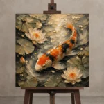 Botanical Lotus Koi Fish Wall Art Canvas Print displayed on a studio easel