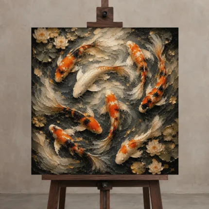 Serene Koi Harmony Koi Fish Wall Art Canvas Print displayed on a studio easel