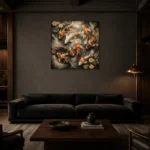 Serene Koi Harmony Koi Fish Wall Art Canvas Print shown in a warm modern interior
