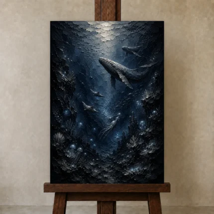 Midnight Deep Sea Wall Art Canvas Print shown in Studio Easel