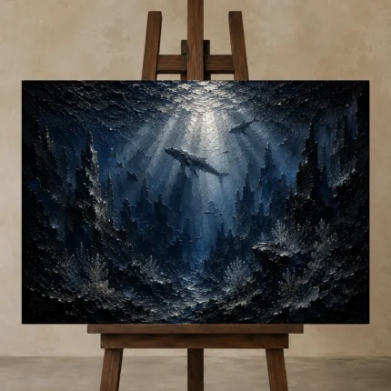 Panoramic Deep Ocean Wall Art Canvas Print displayed on a studio easel
