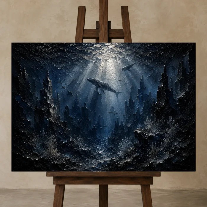 Panoramic Deep Ocean Wall Art Canvas Print displayed on a studio easel