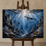 Panoramic Deep Sea Canyon Wall Art Canvas Print displayed on a studio easel