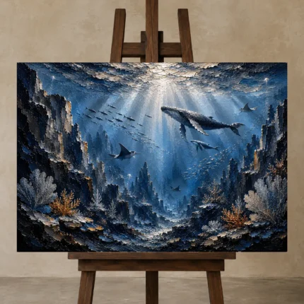 Panoramic Deep Sea Canyon Wall Art Canvas Print displayed on a studio easel