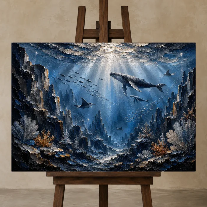 Panoramic Deep Sea Canyon Wall Art Canvas Print displayed on a studio easel