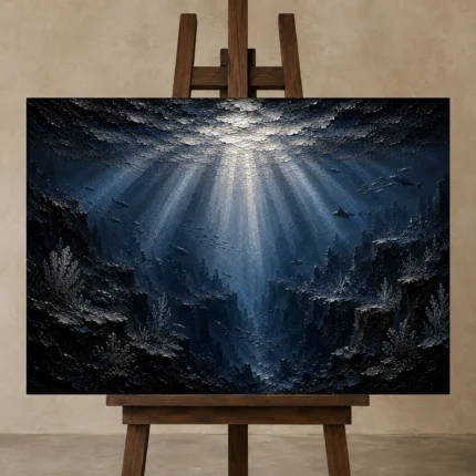 Abyssal Silver Light Deep Sea Wall Art Canvas Print shown in Studio Easel