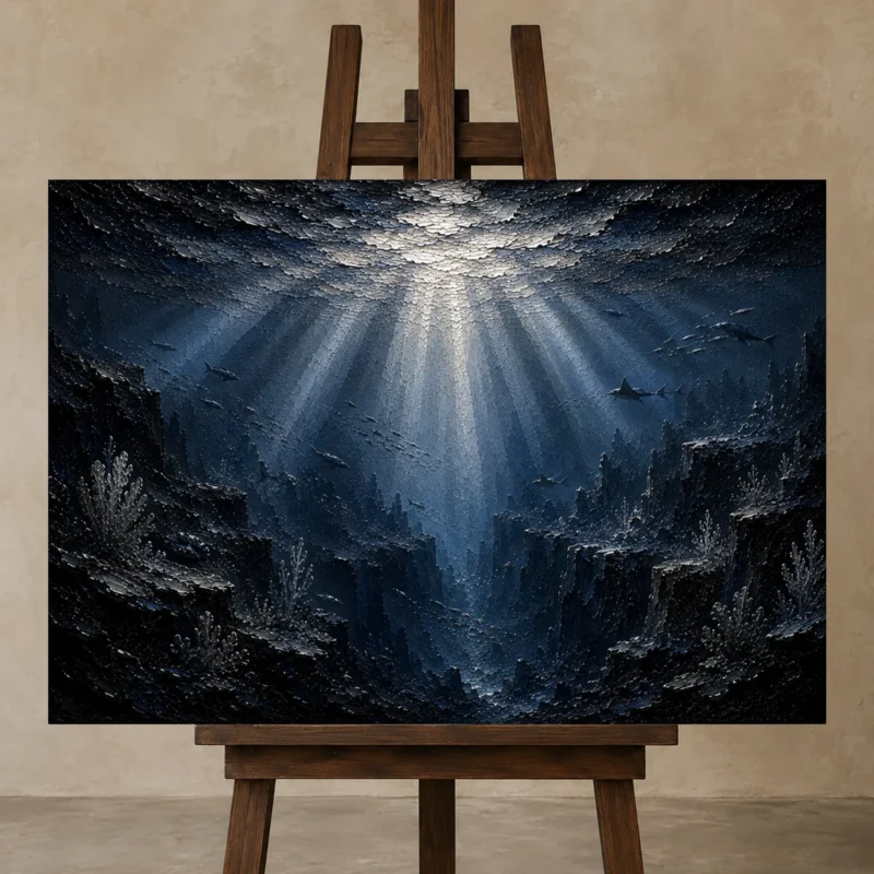 Abyssal Silver Light Deep Sea Wall Art Canvas Print displayed on a studio easel