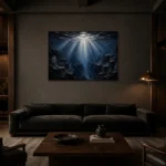Abyssal Silver Light Deep Sea Wall Art Canvas Print shown in a warm modern interior