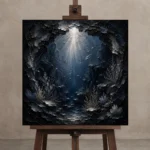 Mysterious Underwater Cavern Wall Art Canvas Print displayed on a studio easel
