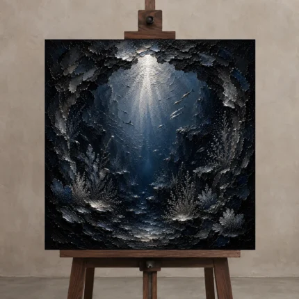 Mysterious Underwater Cavern Wall Art Canvas Print displayed on a studio easel